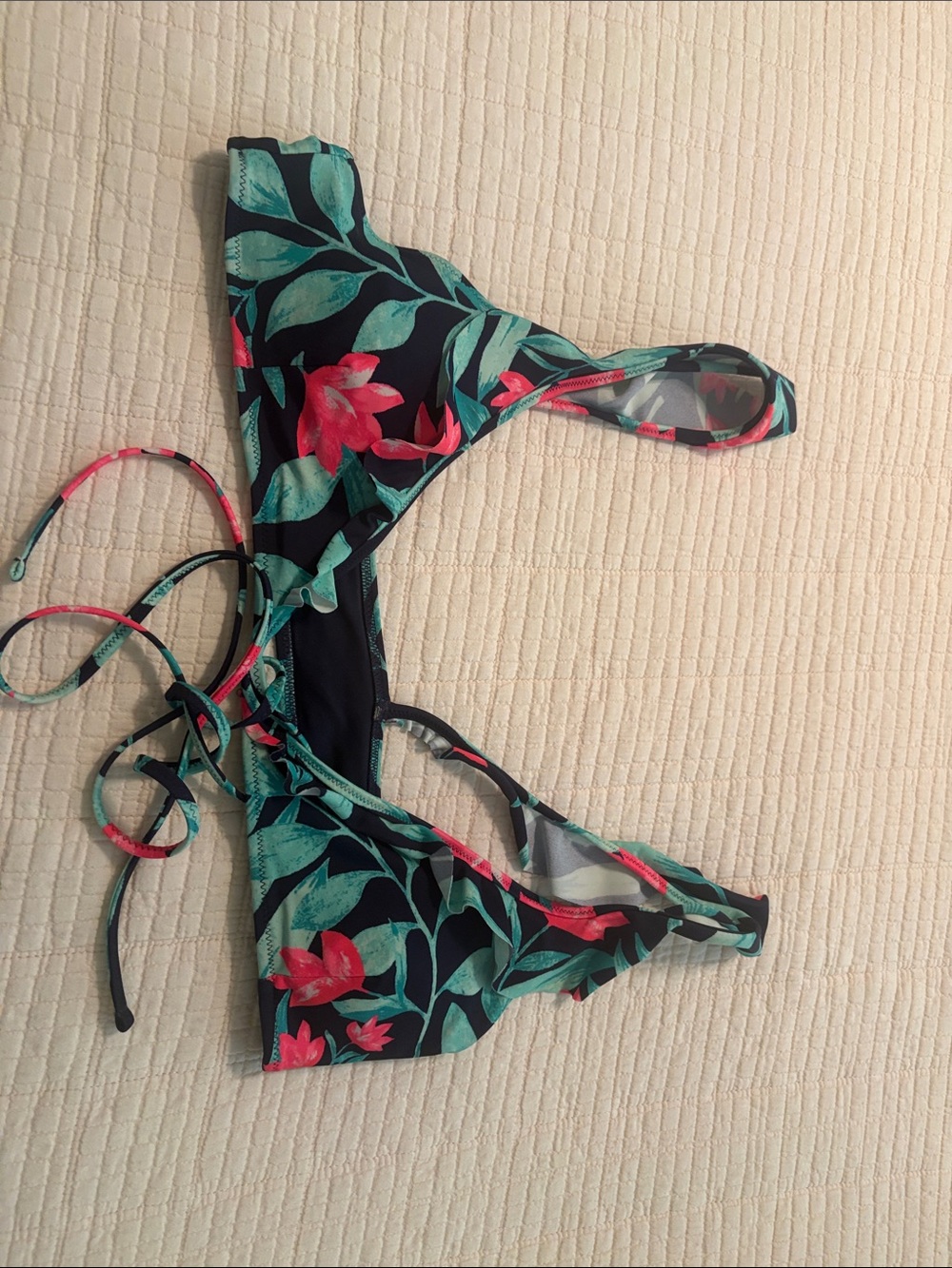 Tropical Floral Tie-Side Bikini Top - Teal & Coral on Black
